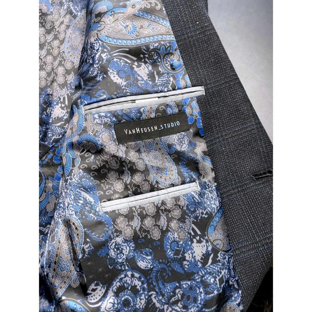 Van Heusen Studio 44R Blue Black Plaid Elbow Patch Blazer
